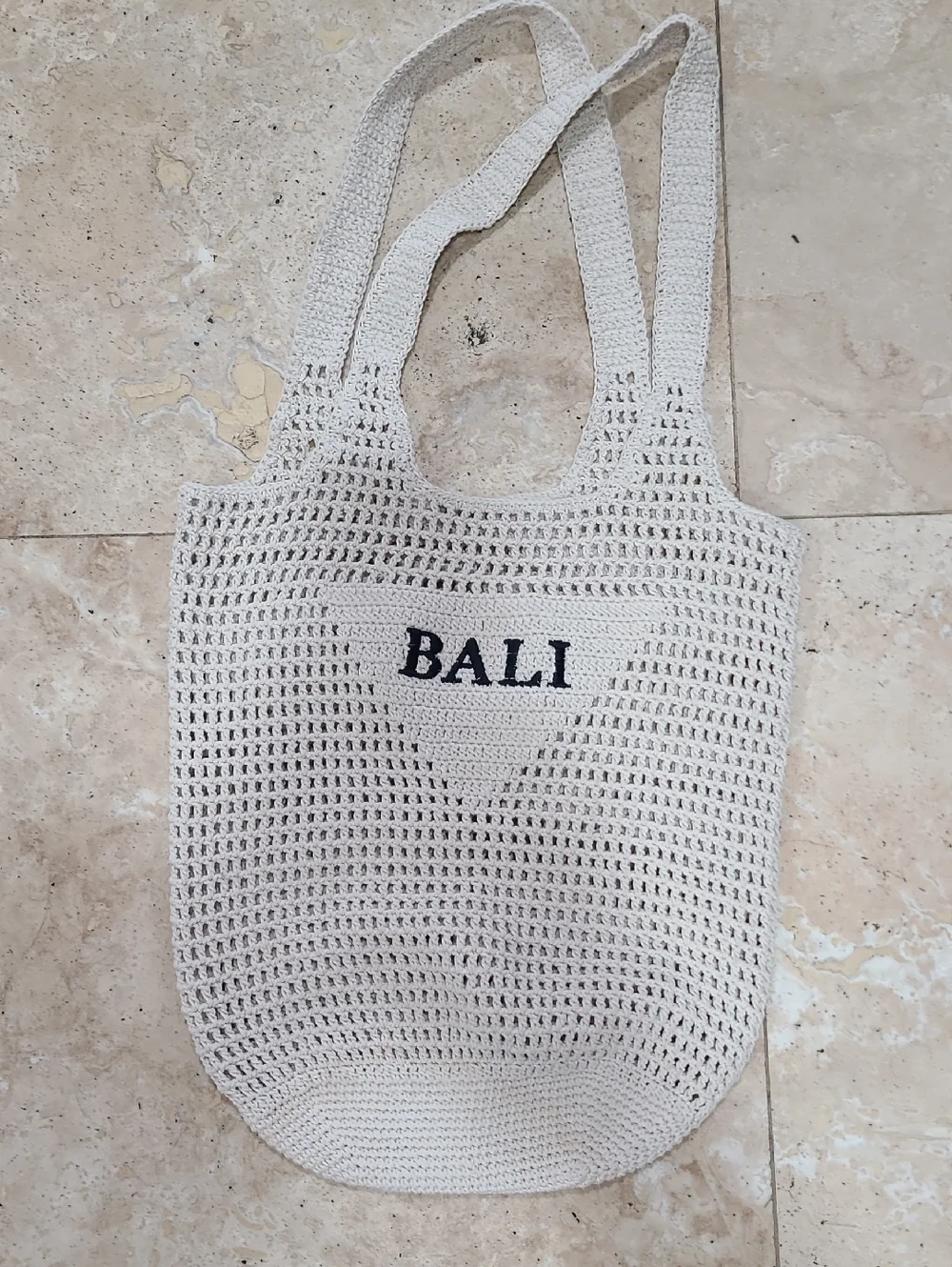 Bali Cream Crochet Tote with Black Lettering